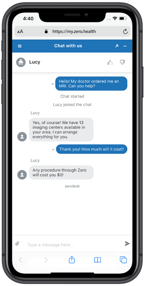 myZERO app chat screenshot